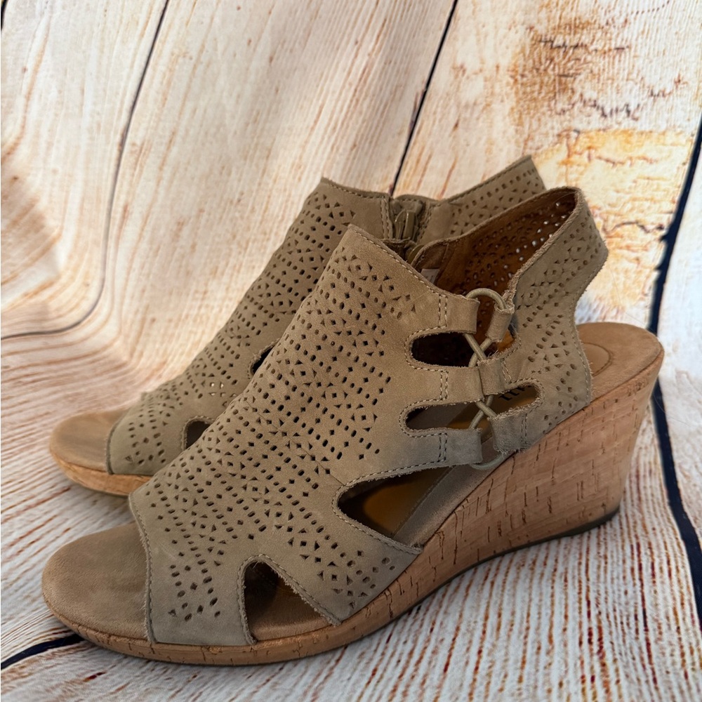 Perforated Suede Wedge Sandal in Taupe